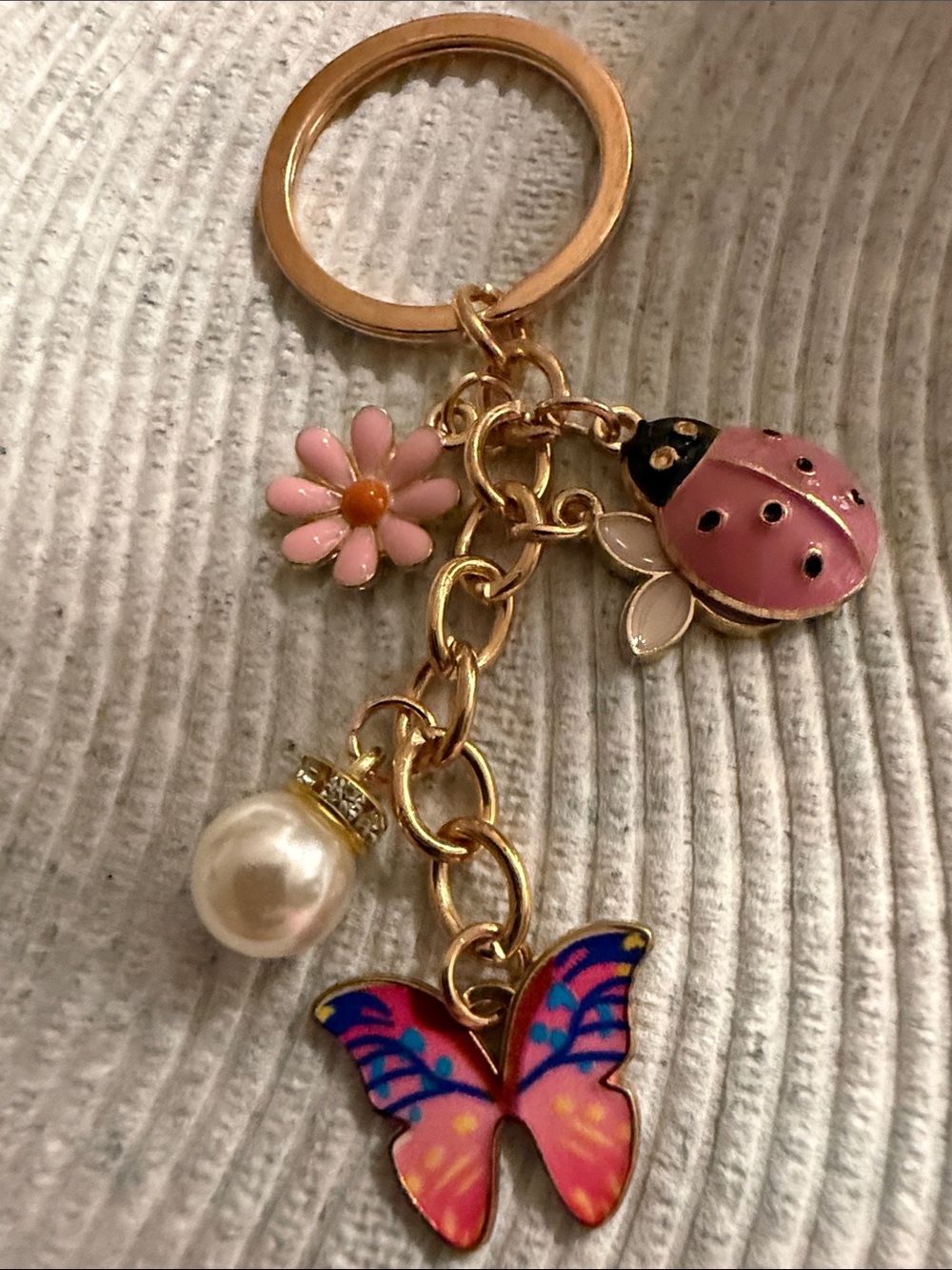 Gold-Tone Pink Enamel Butterfly & Ladybug Keychain Charm with Pearl